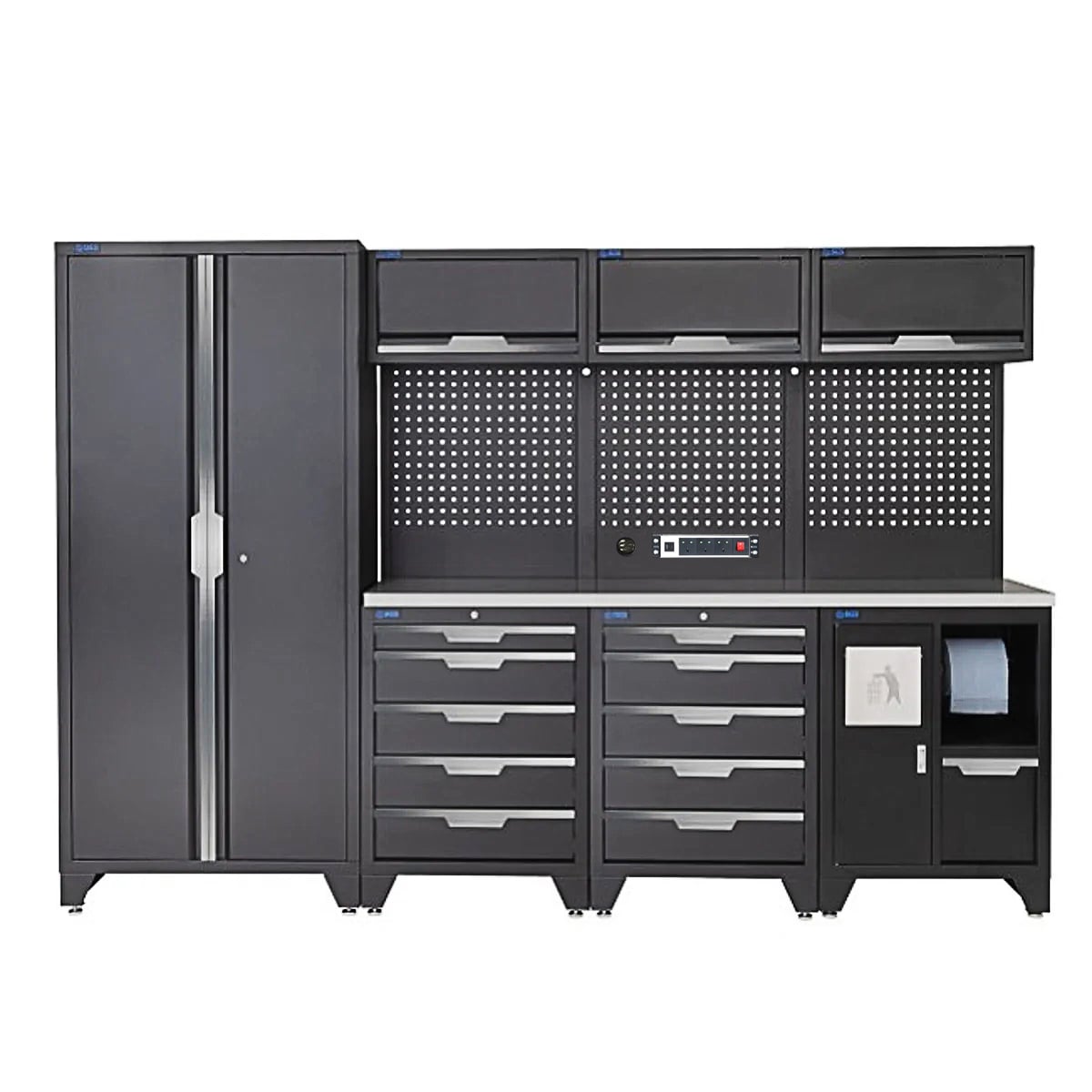 SGS 10pc Modular Garage Storage | 10 Drawers | Stainless Steel Worktop | Tall Double Cabinet | Bin Unit | 3x Upper Cabinets | Pegboard with Power Strip